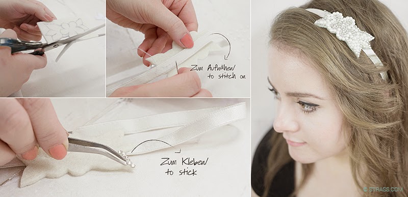 Vier Bilder: Filz zuschneiden, auf das Haarband nähen, Perlen und Strass aufkleben sowie das fertige Haarband im Haar.